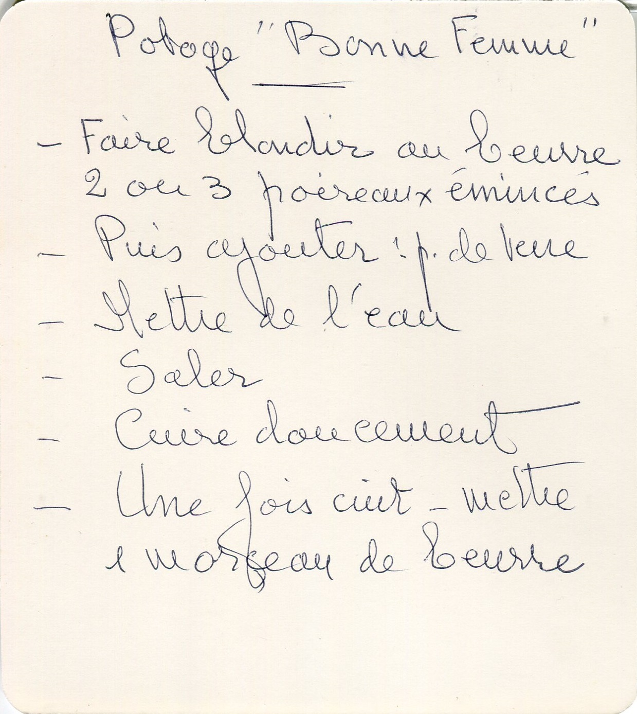 Manuscrit de Potage "Bonne Femme"